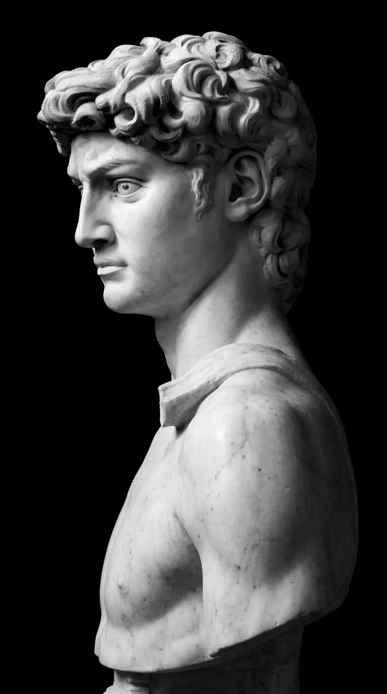 Michelangelo's David in profile, carved in marble