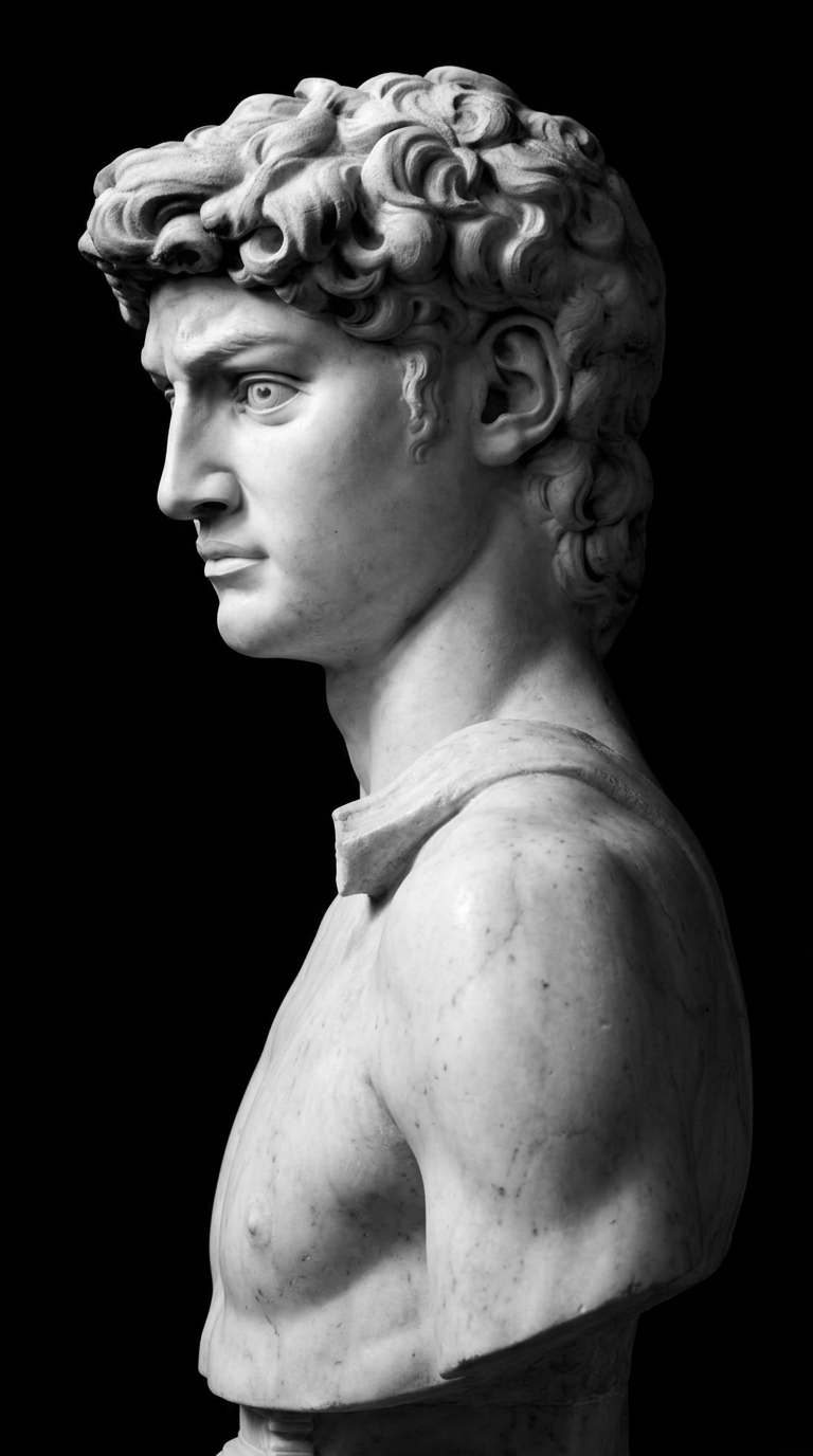 Michelangelo's David in profile, carved in marble