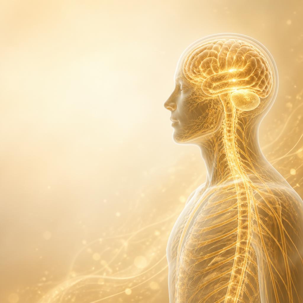 Illustration of the brain and spinal cord lit in gold