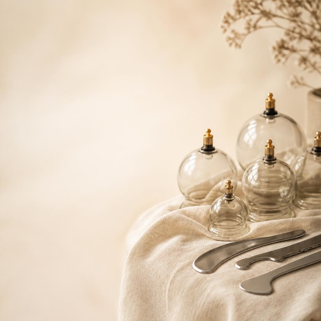 Glass cupping vessels and soft tissue instruments on linen