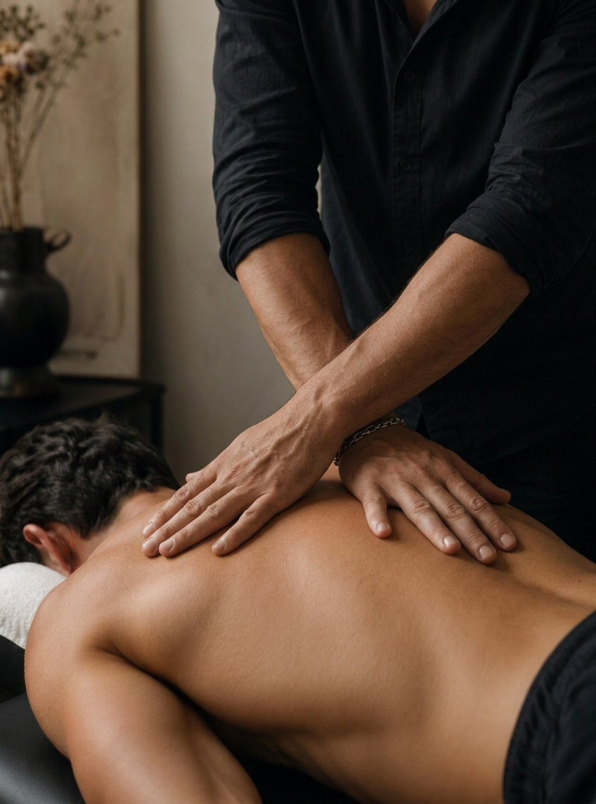 A practitioner's hands at work upon the back